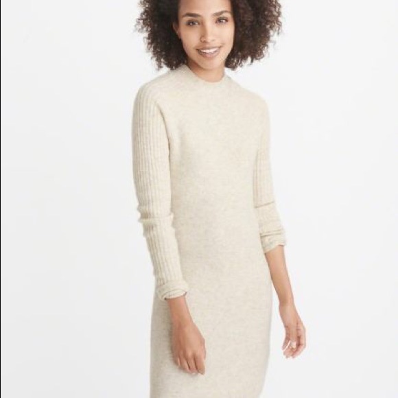 white christmas dresses Ribbed Trim Turtleneck Sweater Dress Cream / Xs